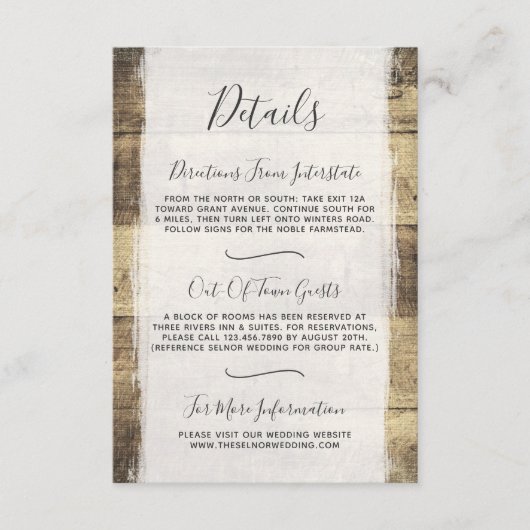 Rustieke Houten Land Bruiloft Details / Routebesch Informatiekaartje (Voorkant)