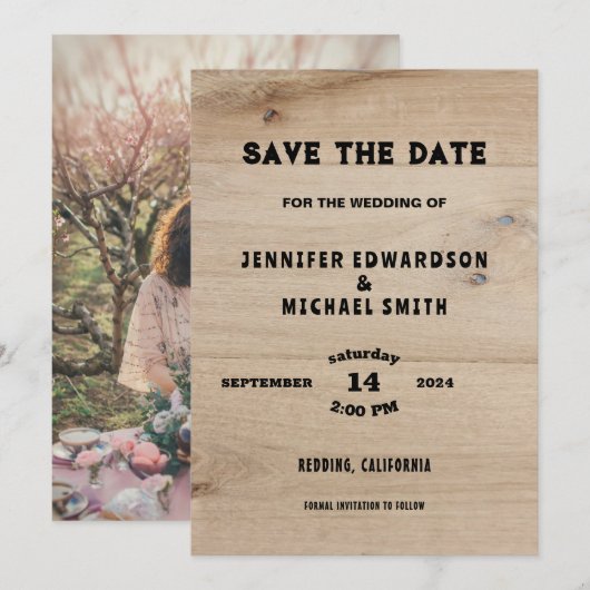 Rustieke houten land bruiloft foto Save the date Kaart (Voorkant / Achterkant)