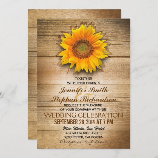 rustieke houten land zonnebloem bruiloft uitnodigi kaart (Voorkant / Achterkant)