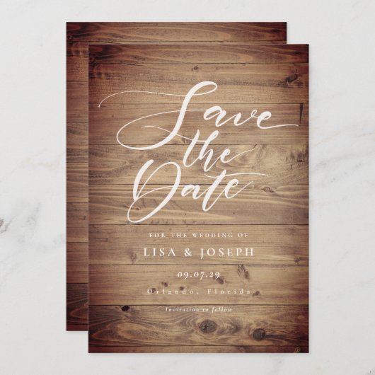 Rustieke Houten Landelijke Elegante Script Save The Date (Voorkant / Achterkant)