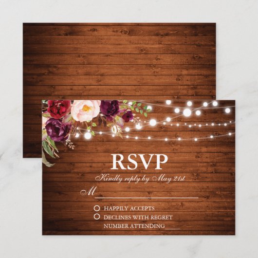 Rustieke Houten Lichten Bourgondische Bloemen Brui RSVP Kaartje (Voorkant / Achterkant)