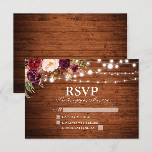 Rustieke houten lichten Bourgondische bloemenbruil RSVP Kaartje (Voorkant / Achterkant)
