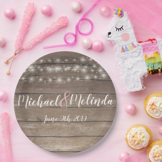 Rustieke houten lichten Bruiloft Papieren Bordje (Feest)