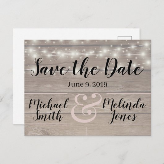 Rustieke houten lichten Bruiloft Save the Date Briefkaart (Voorkant / Achterkant)