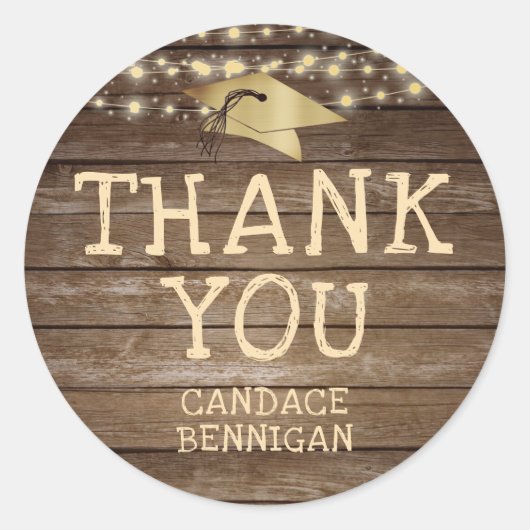 Rustieke Houten Lichten Graduation Cap DANK U Ronde Sticker (Voorkant)