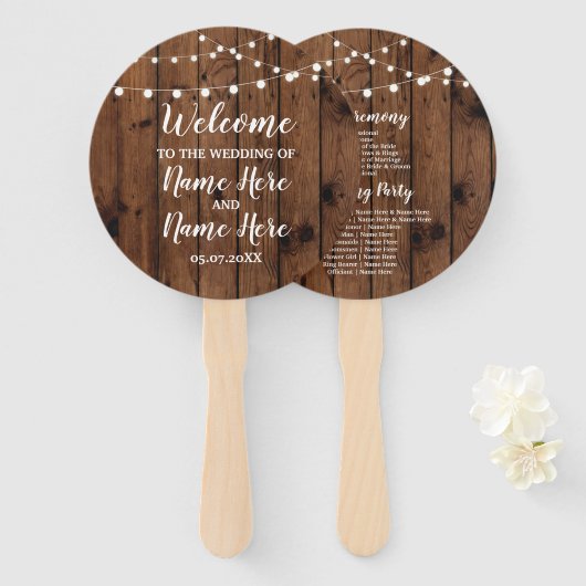 Rustieke Houten Lichten Huwelijksprogramma Fan Handwaaier (Voorkant en achterkant)