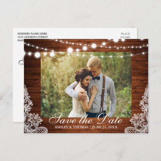 Rustieke Houten Lichten Kant Bewaar de Datum Terug Aankondigingskaart (Voorkant / Achterkant)