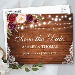 Rustieke Houten Lichten Kant Bloemen Save the Date Aankondigingskaart