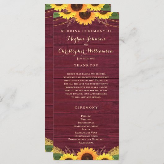 Rustieke Houten Lichten Kant Bourgondische Zonnebl Programmakaart (Voorkant / Achterkant)