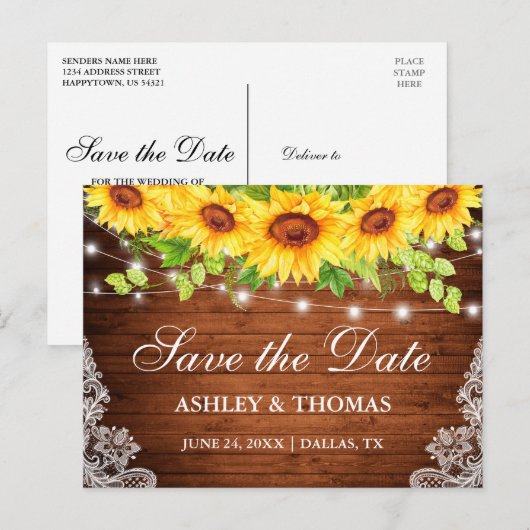 Rustieke Houten Lichten Kant Zonnebloemen Save the Aankondigingskaart (Voorkant / Achterkant)