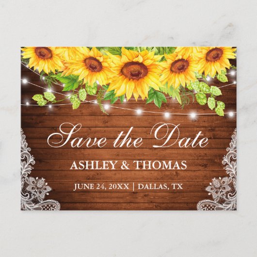 Rustieke Houten Lichten Kant Zonnebloemen Save the Aankondigingskaart (Voorkant)