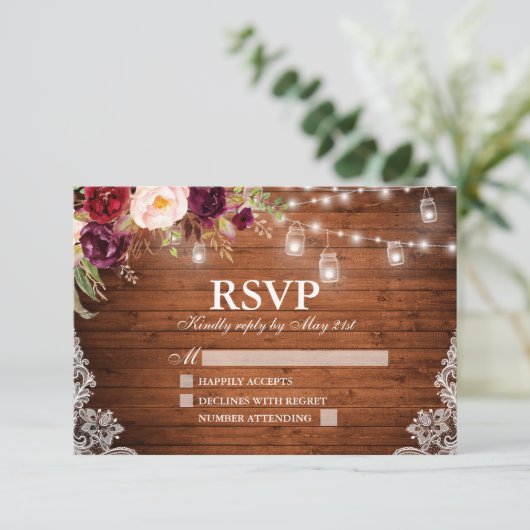 Rustieke Houten Lichten Kruiken Kant Bloemen Bruil RSVP Kaartje (Staand voorkant)