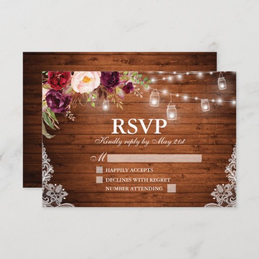 Rustieke Houten Lichten Kruiken Kant Bloemen Bruil RSVP Kaartje (Voorkant / Achterkant)