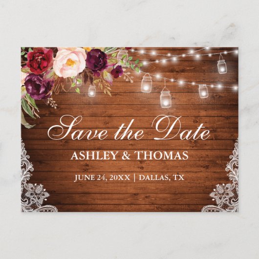 Rustieke Houten Lichten Kruiken Kant Bloemen Save  Aankondigingskaart (Voorkant)