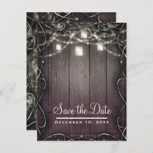 Rustieke Houten Lichten & Mason Jars Schuur Save t Aankondigingskaart (Voorkant / Achterkant)