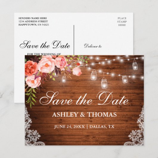 Rustieke Houten Lichten Potten Koraal Bloemen Save Aankondigingskaart (Voorkant / Achterkant)