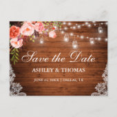 Rustieke Houten Lichten Potten Koraal Bloemen Save Aankondigingskaart (Voorkant)