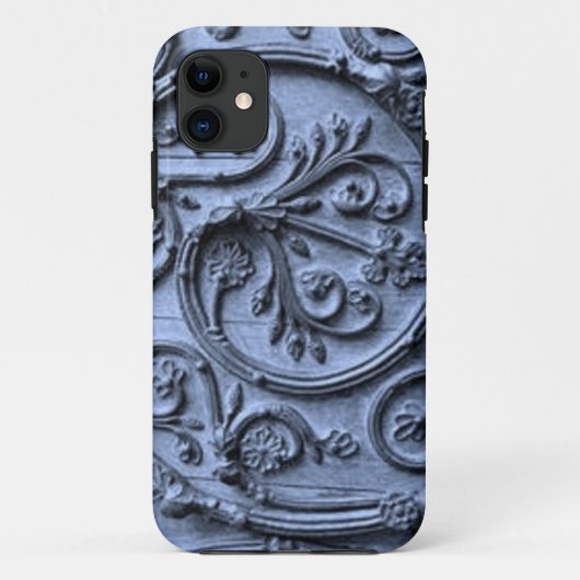 Rustieke houten look scrollpatroon op blauwe achte Case-Mate iPhone case (Achterkant)