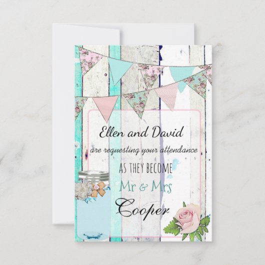 Rustieke Houten Mason Jar Shabby Bruiloft Uitnodig Kaart (Voorkant)