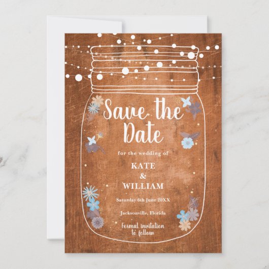 Rustieke houten Mason Jar slingerlichten Save the Date (Voorkant)