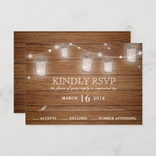Rustieke Houten Mason Jar String Lights Bruiloft R RSVP Kaartje (Voorkant / Achterkant)