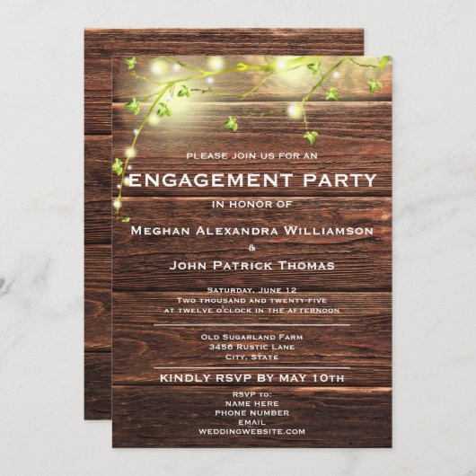 Rustieke houten metselaar String Lights verlovings Kaart (Voorkant / Achterkant)