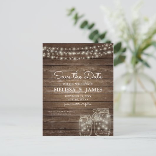 Rustieke houten metselaarlampjes sparen de datum aankondigingskaart (Staand voorkant)