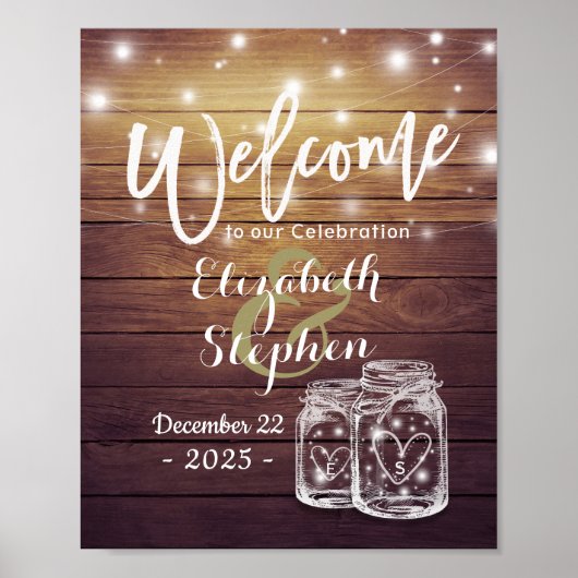 Rustieke Houten Metselaars Pot String Licht Bruilo Poster (Voorkant)