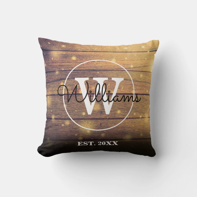 Rustieke houten monogram elegante script kussen (Voorkant)