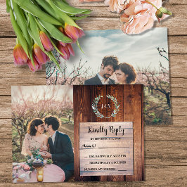 Rustieke houten monogram foto Huwelijksbudget RSVP Informatiekaartje