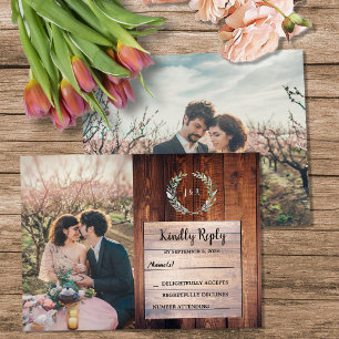 Rustieke houten monogram foto Huwelijksbudget RSVP Informatiekaartje