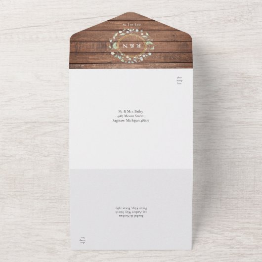 Rustieke Houten Monogram Groene Bloemige Bruiloft All In One Uitnodiging (Buitenkant)