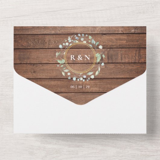 Rustieke Houten Monogram Groene Bloemige Bruiloft All In One Uitnodiging (Achterkant)