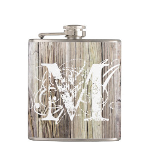 Rustieke houten monogram vinyl verpakte kolf heupfles