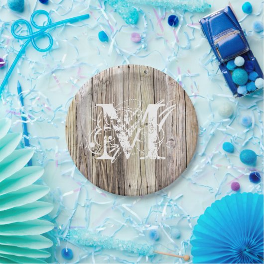 Rustieke Houten Monogrammed Document Borden Papieren Bordje (Feest)