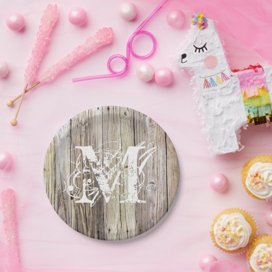 Rustieke Houten Monogrammed Document Borden Papieren Bordje (Feest)