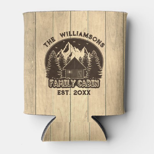 Rustieke Houten Natuur Familie Cabine Bruine Naam  Blikjeskoeler (Voorkant)