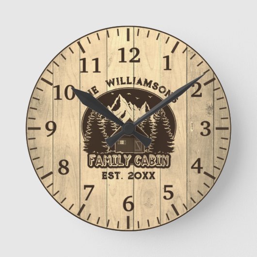 Rustieke Houten Natuur Familie Cabine Bruine Naam  Ronde Klok (Voorkant)