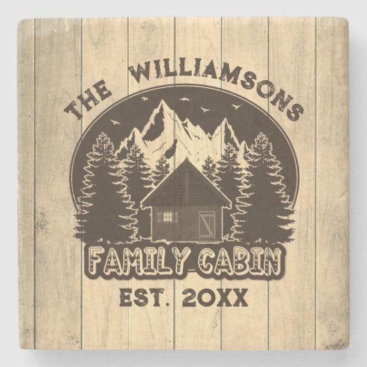 Rustieke Houten Natuur Familie Cabine Bruine Naam  Stenen Onderzetter (Voorkant)