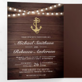 Rustieke Houten Nautische Gouden Ankerlichten Brui Drieluik Uitnodiging (Binnenzijde eerst)