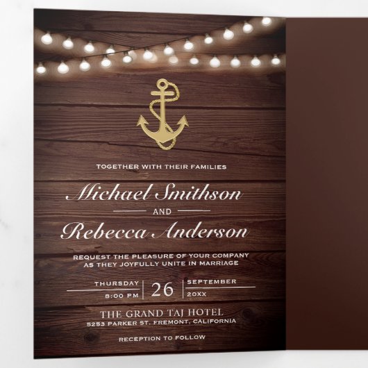 Rustieke Houten Nautische Gouden Ankerlichten Brui Drieluik Uitnodiging (Binnenzijde eerst)