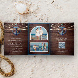 Rustieke Houten Navy Blauwe Anker QR Code Trouwen Drieluik Uitnodiging