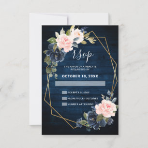 Rustieke Houten Navy Blauwe Roze Geometrische Trou RSVP Kaartje