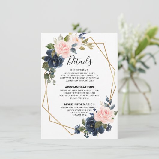 Rustieke houten navyblauw roze geometrische detail informatiekaartje (Staand voorkant)