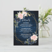 Rustieke houten navyblauw roze geometrische detail informatiekaartje (Staand voorkant)