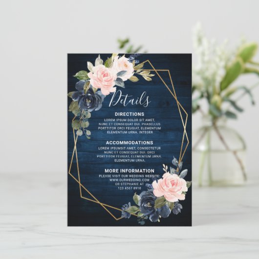 Rustieke houten navyblauw roze geometrische detail informatiekaartje (Staand voorkant)