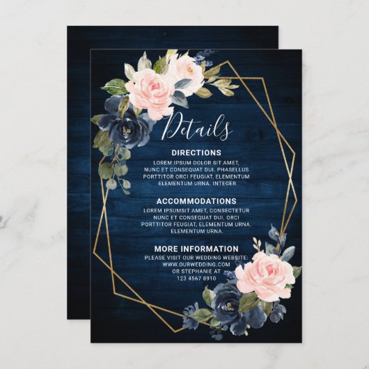 Rustieke houten navyblauw roze geometrische detail informatiekaartje (Voorkant / Achterkant)