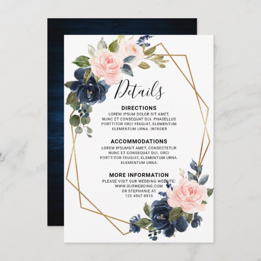 Rustieke houten navyblauwe roze geometrische detai informatiekaartje (Voorkant / Achterkant)