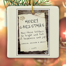 Rustieke Houten Oud Papier Script Prettig Kerstfee Keramisch Ornament