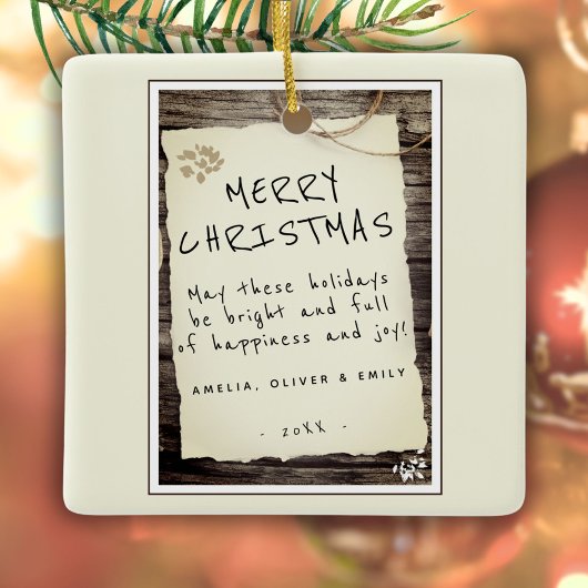Rustieke Houten Oud Papier Script Prettig Kerstfee Keramisch Ornament